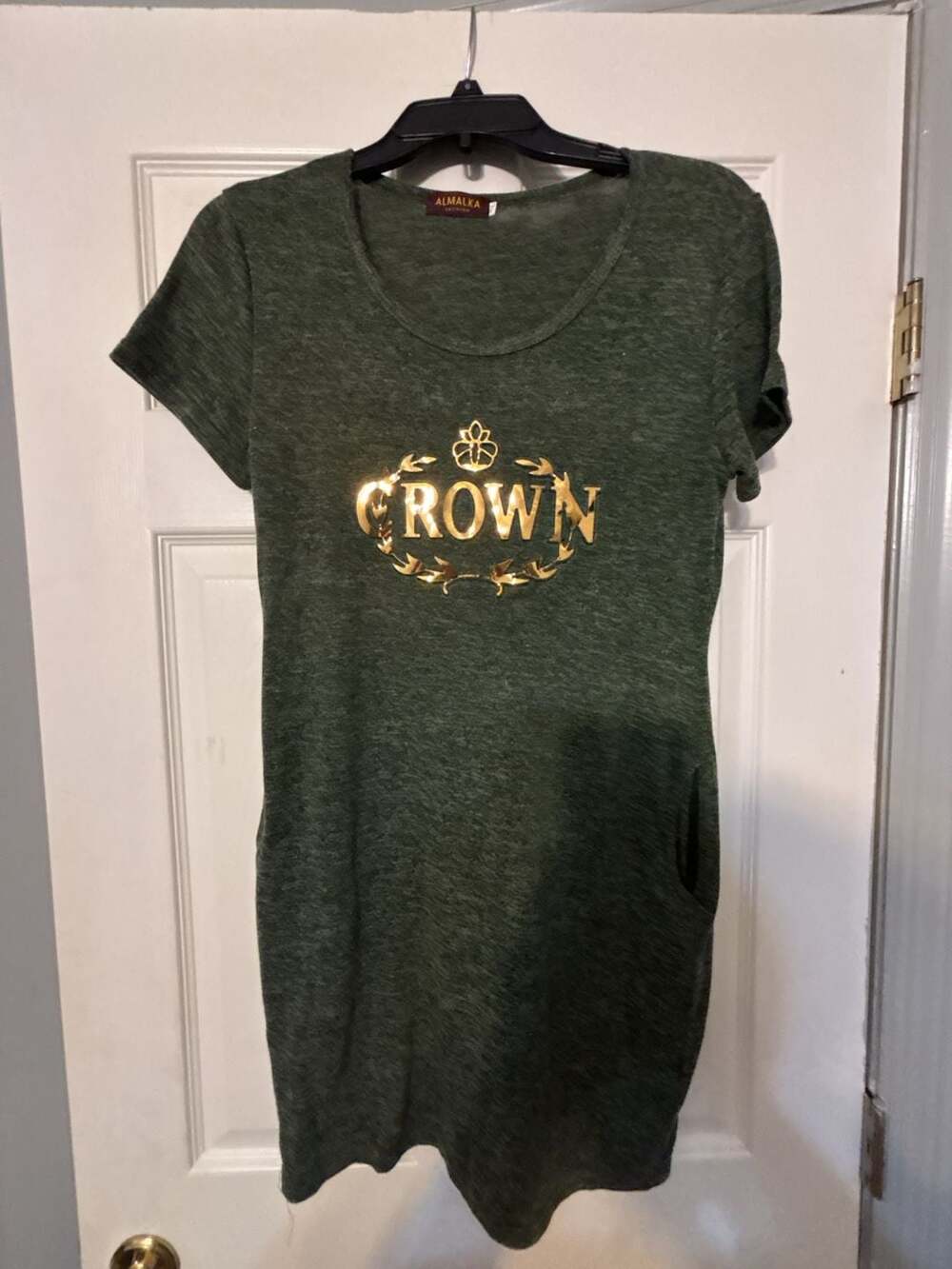 ALMALKA Green Heathered T-Shirt Dress with Gold Metallic Crown Graphics